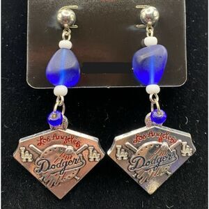 Handmade LA Dodgers Baseball Diamond & Blue Glass Bead Earrings by Neanie-Bot